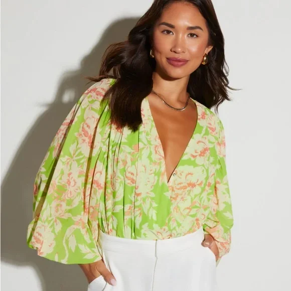 Vici Haven Floral Chiffon Balloon Sleeve Bodysuit - Picture 1 of 1